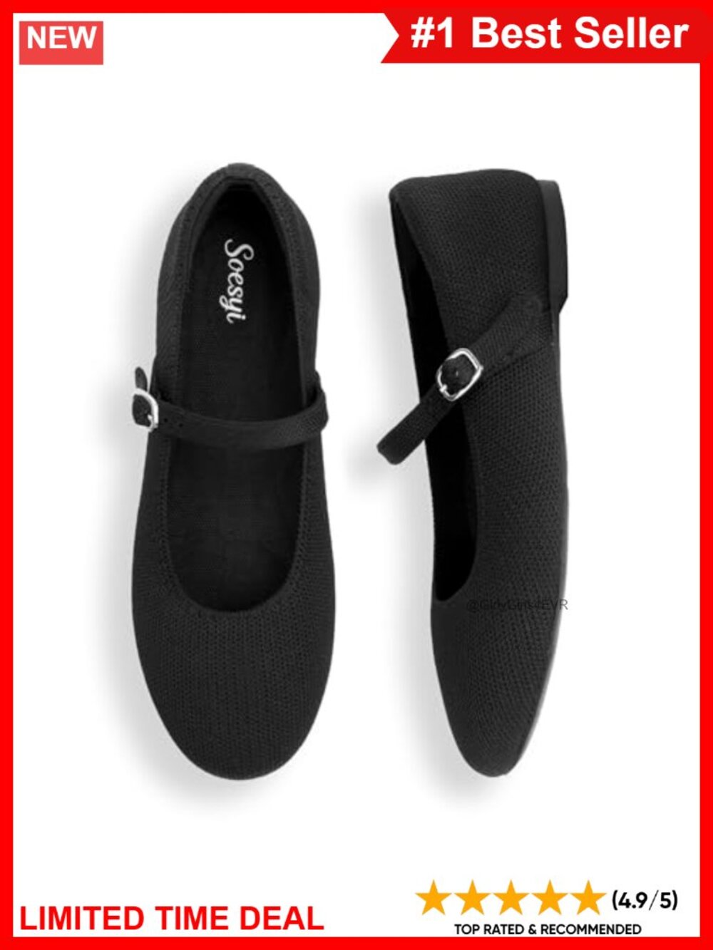 Knit Mary Jane Ballet Flats Round Toe Slip On Adjustable Strap Washable Comfort